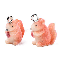フロッキー樹脂ペンダント  プラチナメッキ鉄ループ付き  リス  ライトサーモン  18x15.5x8mm  穴：2.5mm&nbsp;X-RESI-N032-05