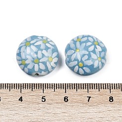 手作りの陶器ビーズ  手描きの陶器ビーズ  花付きフラットラウンド  ファミーユは磁器バラ  ライトスカイブルー  18.5x9~10mm  穴：1.6mm&nbsp;PORC-I029-08B
