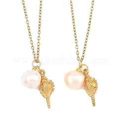 Ocean 304 Stainless Steel Conch Shaped and Natural Cultured Freshwater Pearl Pendant Cable Chain Necklaces for Women&nbsp;NJEW-JN06086