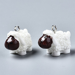 不透明樹脂ペンダント  プラチナトーンのアイアンループ付き  3d羊  ホワイト  15~16x22x13mm  穴：1.8mm&nbsp;X-RESI-S356-070