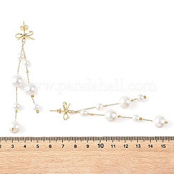 貝殻と真珠のラウンドビーズタッセルイヤリング  真鍮のちょう結びスタッドピアス  ゴールドカラー  90x15mm&nbsp;EJEW-TA00816