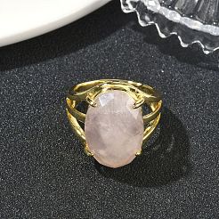 真鍮のカフオープンリング  天然なローズクォーツと  オーバル  多面カット  ラックめっき  長持ちメッキ  ゴールドカラー  18mm&nbsp;RJEW-D347-03G-14