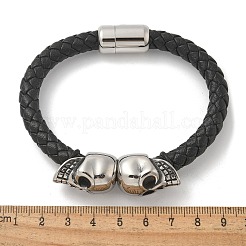 編み込みマイクロファイバーレザーコードブレスレット  女性用・男性用304ステンレススチールブレスレット  スカル  ブラック  8-5/8インチ（22cm）&nbsp;BJEW-Q010-09A