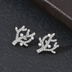 真鍮製 マイクロパヴェ キュービックジルコニア スタッドピアス 女性用  サンゴ  ABSの模造パールと  ラックめっき  長持ちメッキ  鉛フリー＆カドミウムフリー  プラチナ  17.5x15.5mm&nbsp;EJEW-A167-15P