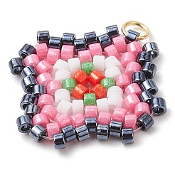 シードビーズ ビーズチャーム  304ステンレススチール製ジャンプリング付き  菱形ペンダント  ピンク  23.5x21.5x2mm  穴：2.5mm&nbsp;PALLOY-MZ00324-03