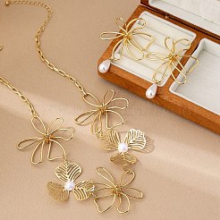 合金とプラスチックの模造真珠の花のリンクチェーンネックレスとスタッドダングルイヤリングセット  ゴールドカラー  ネックレス：18.11インチ（46cm）&nbsp;FS-WG745E2-01