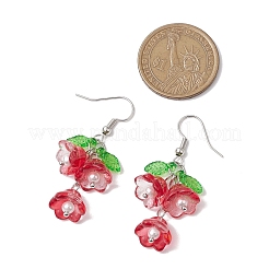 花のアクリルとガラスのダングルイヤリング  真鍮製のピアスフック付き  プラチナ  ミックスカラー  46x19mm&nbsp;EJEW-JE06193