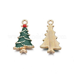 メッキ合金エナメルチャームラック  カドミウムフリー＆ニッケルフリー＆鉛フリー  ライトゴールド  クリスマスツリー  濃い緑  26x15x3mm  穴：2mm&nbsp;X-ENAM-N055-124