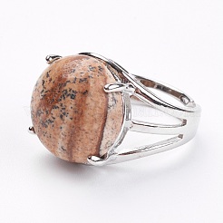 調整可能な天然ピクチャージャスパー指輪  真鍮パーツ  usサイズ7 1/4(17.5mm)&nbsp;RJEW-F075-01J