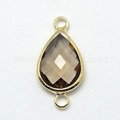 ゴールデントーン真鍮ガラスティアドロップリンクコネクター  コーヒー  21x11x5mm  穴：2mm&nbsp;GLAA-J010A-HF16-G