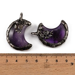 天然石アメジストペンダント  真鍮製のベゼル付きバラの花と月のチャーム  アンティークシルバー  38x26x9mm  穴：6x4.5mm&nbsp;G-H359-05AS-05