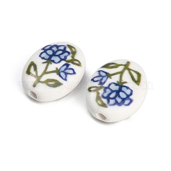 印刷された手作りの磁器のビーズ  花とオーバル  グリーン  21x17~17.5x7.5mm  穴：2.5~3mm&nbsp;PR-CBAB520-01D