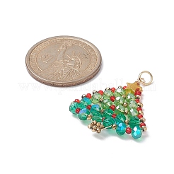 ガラスシードビーズ編組ペンダント  真鍮丸カン付き  クリスマスツリー  ゴールドカラー  32.5x27.5x4mm  穴：3.2mm&nbsp;PALLOY-JF02081