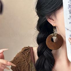 合金と木材を使用した女性用ドロップピアス  フラットラウンド  50mm&nbsp;WG2EB7C-01