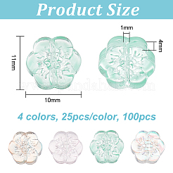 100個4色透明ガラスビーズ  さくらの花  ミックスカラー  10x11x4mm  穴：1mm  25個/カラー&nbsp;GLAA-OC0001-35