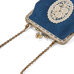コットンとリネンのレディースイブニングバッグ  刺繍レースのバラの花付き  合金の花の財布のフレームハンドル  合金ツイストアズキチェーン  マリンブルー  190x140x40mm&nbsp;JBG007C-03