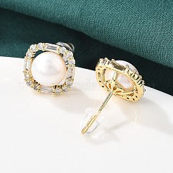 真鍮マイクロペーブクリアキュービックジルコニアスタッドピアス  天然パールと  正方形  14KGP本金メッキ  11.5x11.5mm&nbsp;EJEW-P302-01G