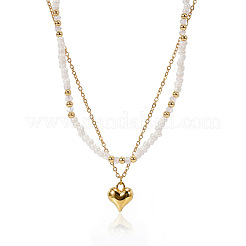 Stainless Steel Heart Pendant White Glass Seed Beaded Double Layer Necklaces&nbsp;CO2077-1