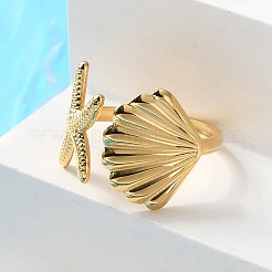 304 Stainless Steel Starfish & Shell Open Cuff Rings for Women&nbsp;RJEW-C095-09G