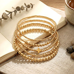 5Pcs 5 Styles Summer Brass Cross Round Beaded Stretch Bracelet Sets&nbsp;FV3491