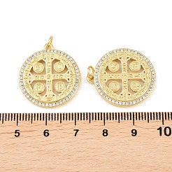 真鍮製マイクロパヴェキュービックジルコニアペンダント  丸カン付き  クロスとフラットラウンド  14KGP本金メッキ  24x21.5x2.5mm  穴：3.2mm&nbsp;KK-E091-08G