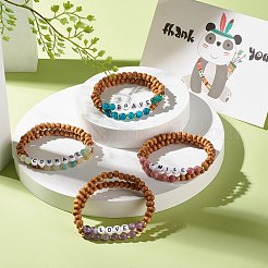 Natural Wood Round Beads Stretch Bracelets Sets&nbsp;BJEW-JB07347