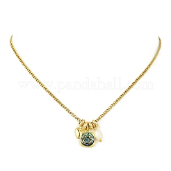 Brass Natural Paua Shell & Pearl Pendant 304 Stainless Steel Curb Chain Necklaces for Women&nbsp;NJEW-JN06258-04