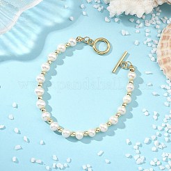 天然養殖淡水真珠と電気メッキ非磁性合成ヘマタイトビーズブレスレット（女性用）  ゴールドカラー  7.52インチ（19.1cm）&nbsp;BJEW-JB14070