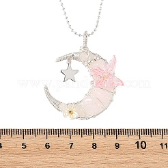 Natural Rose Quartz Wire Wrapped Moon with Acrylic Butterfly Pendant 304 Stainless Steel Ball Chain Necklaces&nbsp;NJEW-TA00266-04