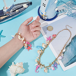 女性用合金ローロチェーンチャームブレスレット1個  天然貝殻とプラスチックのヒトデのタツノオトシゴペンダントネックレス1個付き  ミックスカラー  520mm&nbsp;SJEW-PH0001-21
