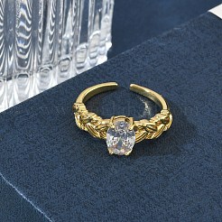 真鍮製パヴェクリアシングルキュービックジルコニアカフオープンリング  楕円形の小麦  ゴールドカラー  usサイズ5 1/2(16.1mm)&nbsp;RJEW-H268-01G