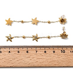 304ステンレススチール製スターダングルスタッドピアス  クリスタルラインストーン付き  イオンプレーティング（ip）  カドミウムフリー＆ニッケルフリー＆鉛フリー  18KGP本金メッキ  70x10mm&nbsp;EJEW-G451-03G