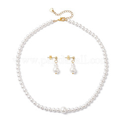Shell Pearl Round Beaded Necklaces & Stud Dangle Earrings Sets for Women&nbsp;SJEW-JS01349