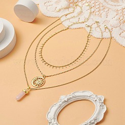 3Pcs 3 Style Natural Rose Quartz Bullet & Alloy Sun Pendant Necklaces Set with Brass Curb Chains for Women&nbsp;NJEW-JN04170