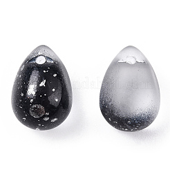 ツートンスプレー塗装ガラスチャーム  銀箔で  艶消し  ティアドロップ  ブラック  14x10x9.5mm  穴：1mm&nbsp;GLAA-T016-37-E01
