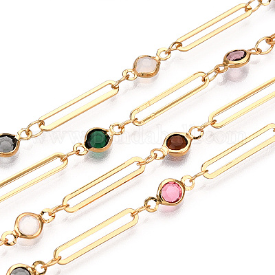 Real 16K Gold Plated Brass Oval Link Chains with Flat Round Glass Beaded Soldered with Spool Colorful 16x3x0.05mm 10x4.5x2mm