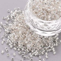 Glass Bugle Beads, Silver Lined, Floral White, 1.8~2.2x1.8~2mm, Hole: 0.8~0.9mm, about 15000pcs/pound