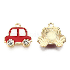 合金エナメルチャーム  クリスタルラインストーン付き  ライトゴールド  車  レッド  16.5x17.5x3mm  穴：1.6mm