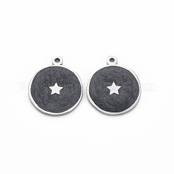 304ステンレススチールエナメルペンダント  ステンレス鋼色  スターとフラットラウンド  ブラック  17.5x15x1mm  穴：1.2mm&nbsp;STAS-S117-029