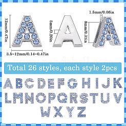 52種類のスタイルの合金ラインストーンスライドチャーム26個。  a～zの文字  サファイア  12x3.5~12x4~5mm  穴：8x1.5mm  2個/スタイル&nbsp;FIND-SC0009-81A