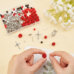 宗教とバラのビーズネックレスDIYキット  シナバーローズとアクリルラウンドビーズを含む  宗教合金のペンダントとリンク  304ステンレススチールのピンと留め金  アイアン丸カン＆アズキチェーン  ステンレス鋼色  レッド  ローズビーズ: 30 個/箱&nbsp;DIY-FH0004-05