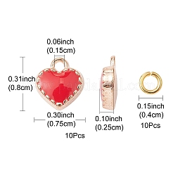 ハート合金エナメルチャーム  黄金の開いた丸カンで  レッド  チャーム：8x7.5x2.5mm  穴：1.5mm  10個;縄跳び：20ゲージ  4x0.8mm  内径：2.4mm  10pc&nbsp;ENAM-YW0002-85A