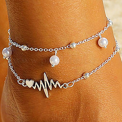 Alloy Heartbeat & Plastic Pearl Bead Tassel Double Layer Anklets for Women&nbsp;FS-WG27204-01