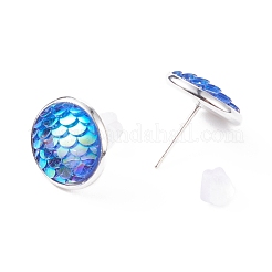 マーメイドスケールフラットラウンドスタッドピアス  女性のための真鍮のアクセサリー  ミックスカラー  15.5x13.5mm  ピン：0.7mm&nbsp;EJEW-JE04798