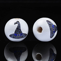 ハロウィンプリント天然木ビーズ  魔女の帽子で丸い  藤紫色  15.5x14.5mm  穴：4mm&nbsp;WOOD-S057-082