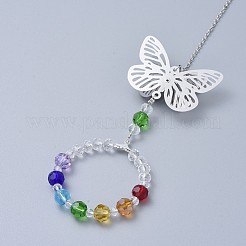 クリスタルシャンデリアサンキャッチャープリズムチャクラハンギングペンダント  鉄アズキチェーンを有する  ガラスビーズ  ガラスのラインストーンと真鍮のペンダント  リングと蝶  カラフル  288mm&nbsp;AJEW-I040-04P