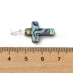 天然アワビシェル/パウアシェルペンダント  真鍮のスナップオンベイル付き宗教十字架チャーム  銀色のメッキ  カラフル  21.5x13.5x4.5mm  穴：6.5x3.5mm&nbsp;PALLOY-JF05394