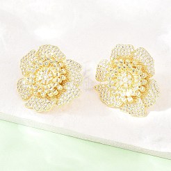 Valentine's Day Flower Brass Micro Pave Clear Cubic Zirconia Stud Earrings&nbsp;EJEW-T051-02G