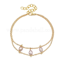 Brass Cable Chains & Rice Natural Cultured Freshwater Pearl Double Layers Bracelets for Women&nbsp;BJEW-JB14135-01