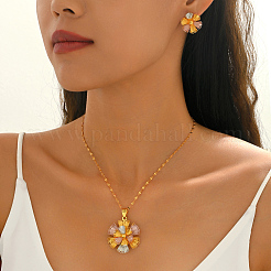 Vintage Brass Flower Stud Earrings & Pendant Necklaces Sets for Women&nbsp;FI9595